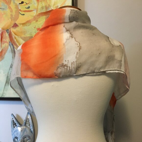 Vex Collection Beautiful Watercolour Wash Scarf In Orange, White & Grey - Picture 4 of 13
